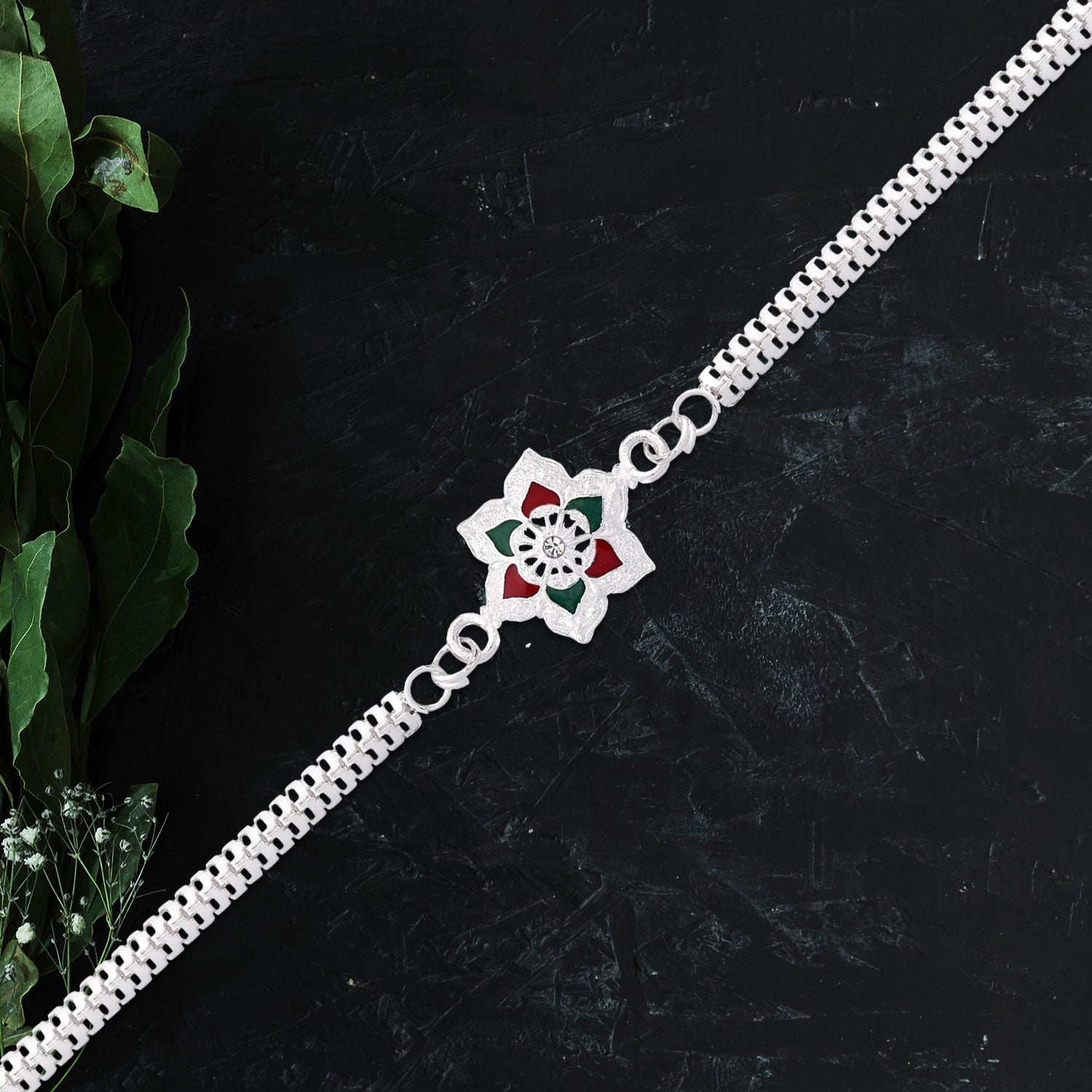 Silver Lotus Rakhi With Red-green Enamel  Chain Strap Silver Lotus Rakhi With Red-green Enamel  Chain Strap